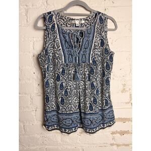 Max Studio Paisley Tank Top Blouse Blue White Boho Sleeveless Tassel Tie Size L